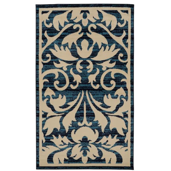 Linon Home Decor Kobe Damask Blue and Bone 6 ft. 5 in. x 9 ft. 3 in. Area rug