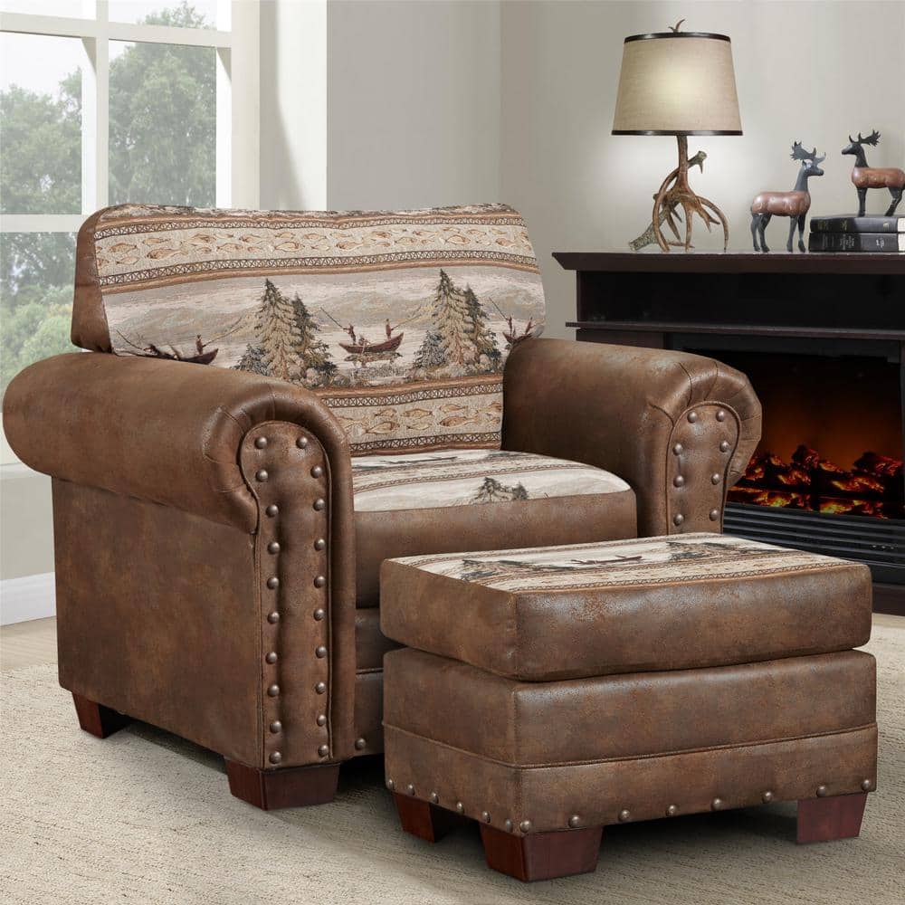 Alpine Lodge Series Tapestry and Pinto Brown Microfiber Arm Chair and Ottom