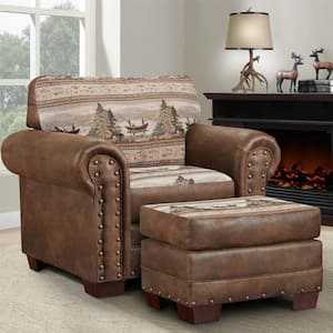 Alpine Lodge Series Tapestry and Pinto Brown Microfiber Arm Chair and Ottoman Set of 1 with Nail Head Accents