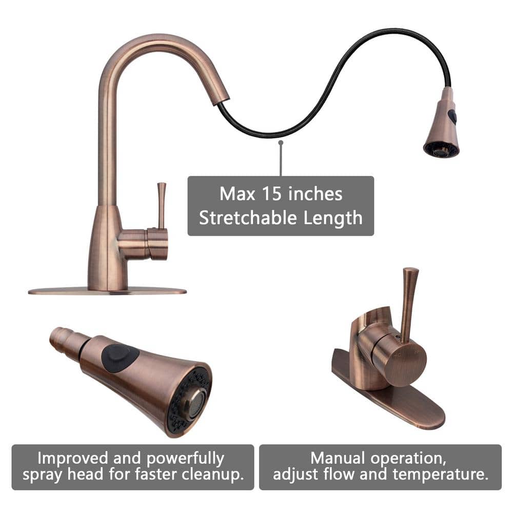 Antique Copper Single Handle Kitchen Faucet with Pull-out Spray