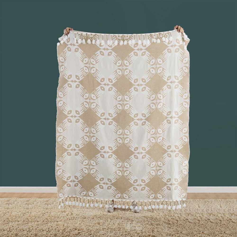 Tan and White Woven Polyester-Acrylic Throw Blanket with Tassels