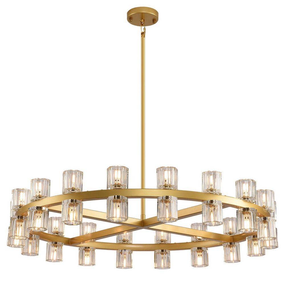 PUYRNF 36-Lights 36 in. Gold Wagon Wheel Chandelier Crystal Round ...