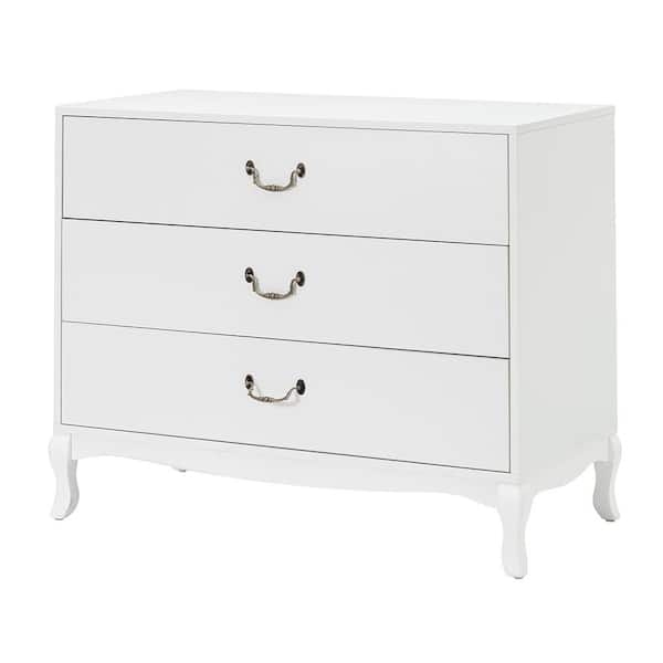 JAYDEN CREATION Ionian 3-Drawer 36 in. Wx18 in. Dx29 in. H White Accent Chest with Retro Cabriole Legs and Drop Handles