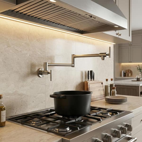 Contemporary Wall-Mounted Stainless Steel Pot Filler Kitchen Faucet with Dual Handles in Brushed Nickel