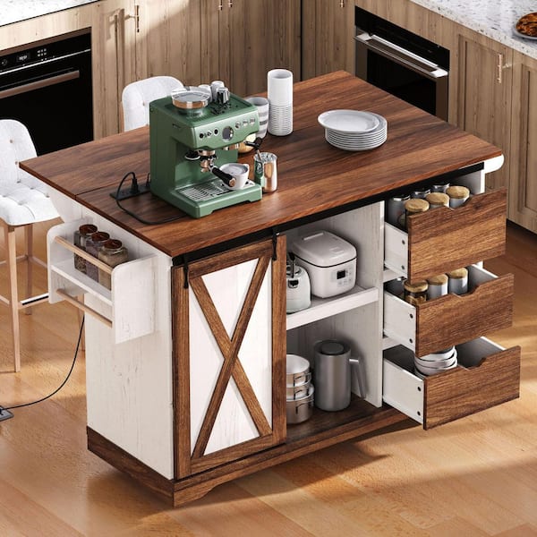 White Wood 55.5 in. Farmhouse Kitchen Island with Sliding Barn Door, Charging Station and Drawers
