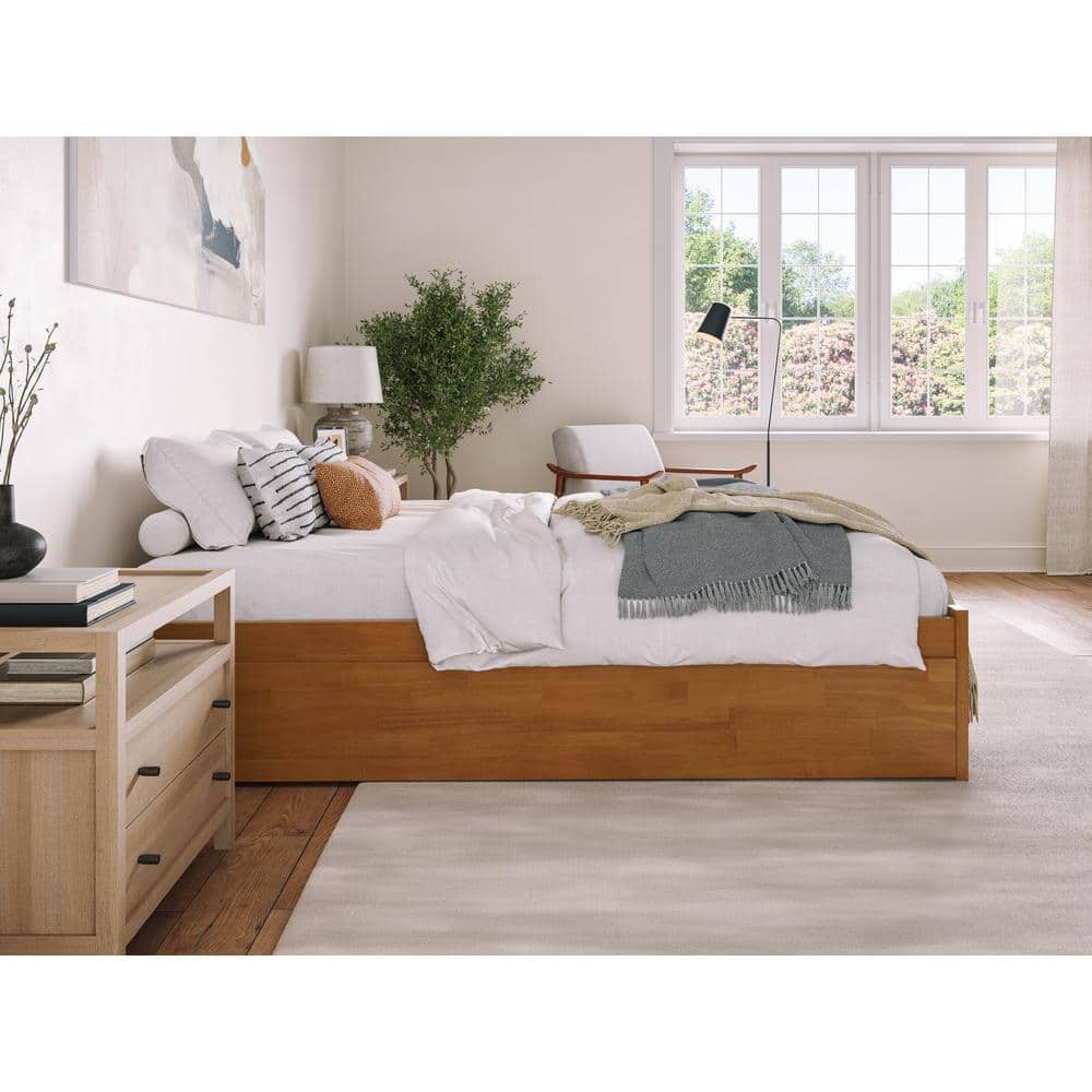 Light Toffee Queen Wood Platform Bed with Trundle and Slats
