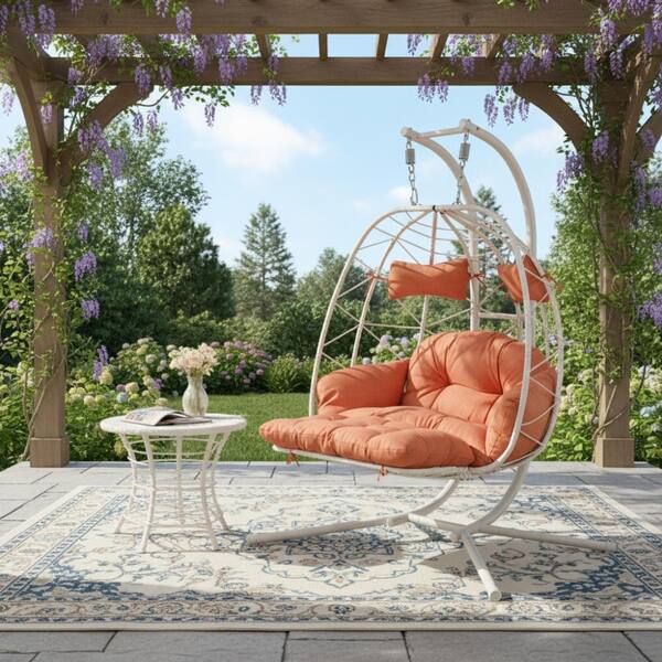2 Person Orange Thickened Cushions Hanging Outdoor Wicker Swing