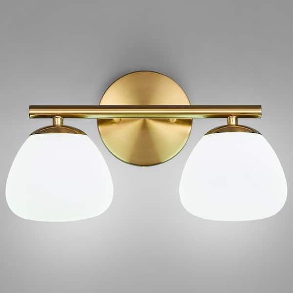 Home Lighting 12.99 in. 2 Light Gold Vanity Light with Milk Glass Over Mirror Fixture Suitable for Bathroom