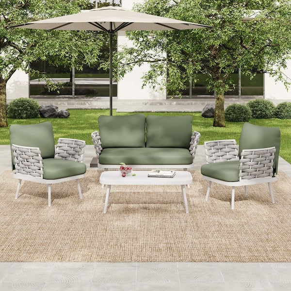 Kitty 4-Piece Outdoor Metal and Rope Weave Patio Conversation Set with Green Cushions, Off White
