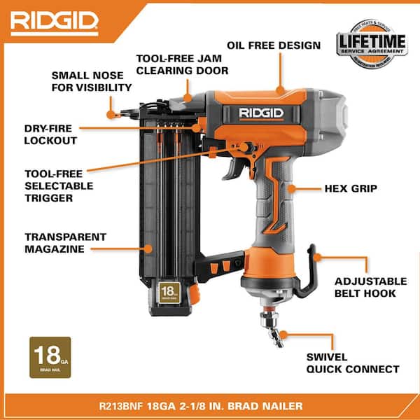 RIDGID 18-Gauge 2-1/8 in for sale online Brad Nailer with CLEAN DRIVE Technology Tool Bag 