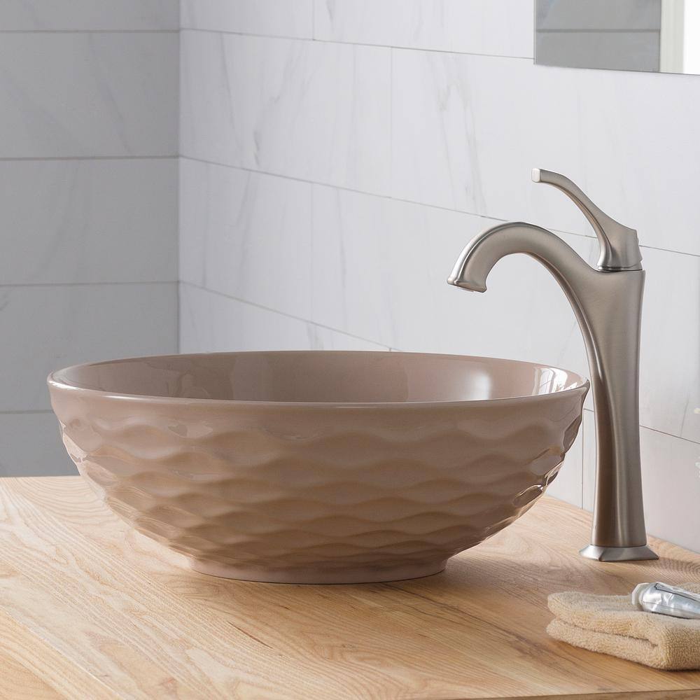 Beige Round Ceramic Vessel Sink with Ultra-Slim Edges