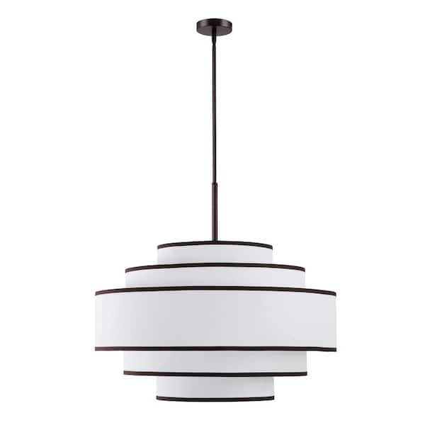 30 in. 7-Light Bronze Tiered Drum Chandelier with White Fabric Shades