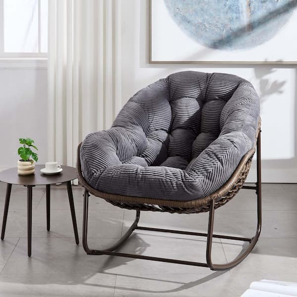 Hand-Woven Wicker Outdoor Rocking Chair with Padded Cushion in Light Gray