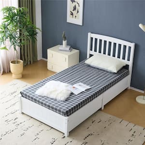 White Pinewood Twin Size Platform Bed with Four Large Drawers, a Curved Vertical Headboard Featuring