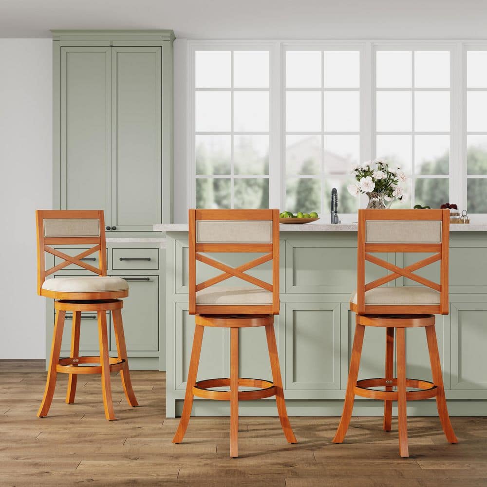 Birchora 30 in. H Natural Wood Frame X-Back Bar Height Swivel Bar Stool with Beige Fabric Seat (1-Pack) price history on PriceWatchPro