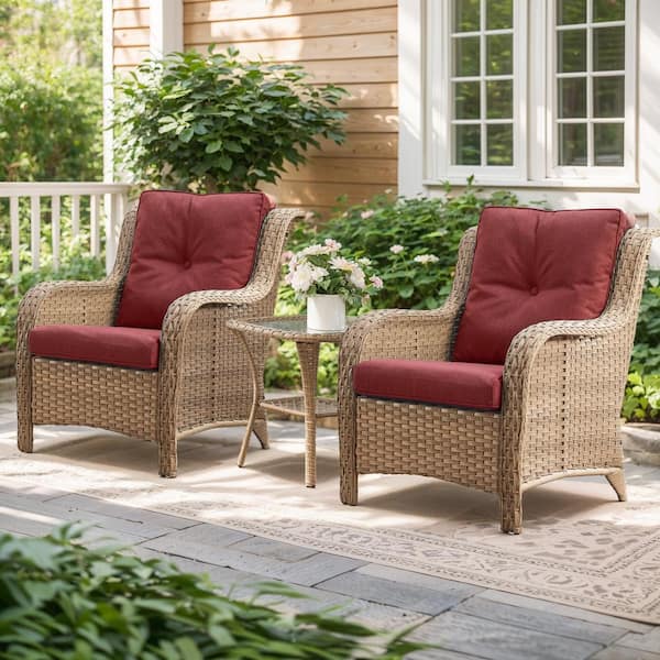 Curved Arm Patio Yellow Wicker Outdoor Lounge Chair with Red Olefin Cushions and Curved Armrest (4-Piece)