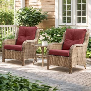 Patio Yellow Wicker Outdoor Lounge Chair with Red Cushions and Curved Armrest (2-Pack)