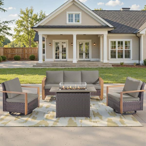 Bellefurn Kove Brown Wicker 4-Piece Patio Conversation Set Outdoor Sectional Seating Set with Firepit Table and Gray Cushion