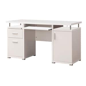 55 in. Rectangular White Wooden 2-Drawer Writing Desk with Keyboard Tray