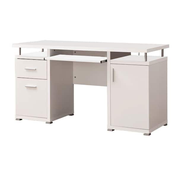 Benjara 55 in. Rectangular White Wooden 2-Drawer Writing Desk with Keyboard Tray