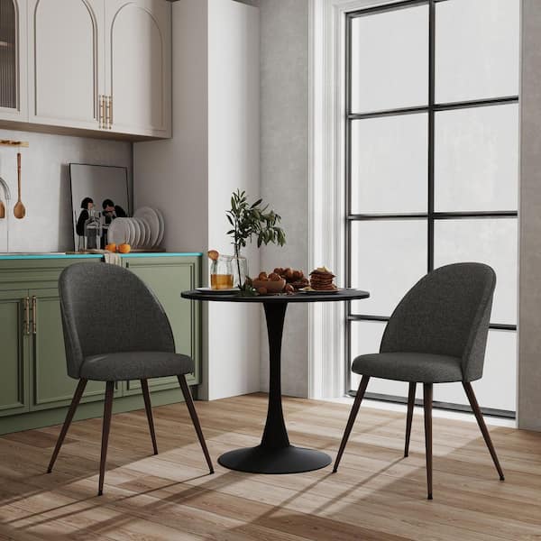 HTAOY 3-Piece Dining Set with Charcoal Fabric Chairs and Walnut Metal Legs Perfect for Small Spaces