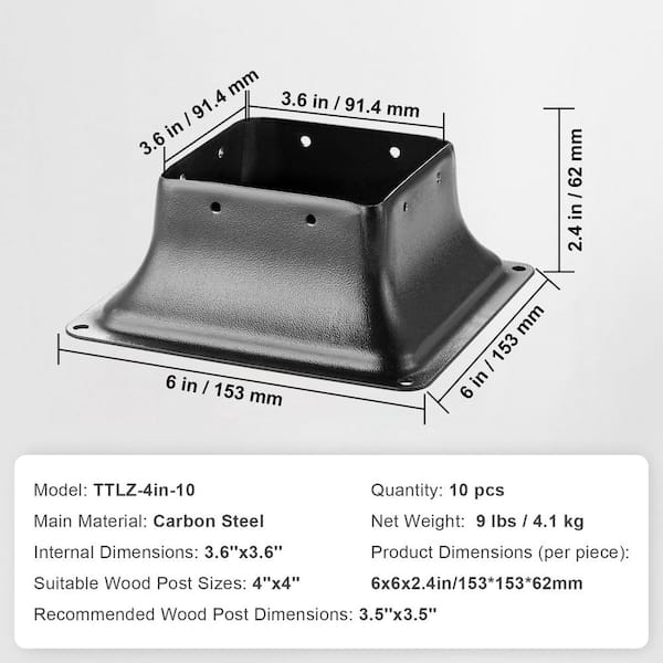 SKYSHALO Post Base 4 x 4 in. 10 Pcs Internal 3.6 x 3.6 in. Heavy Duty Powder-Coated Steel Post Bracket for Standard Wood Anchor