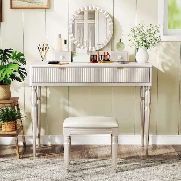 2-Piece Champagne Makeup Vanity Set,Vanity Desk,Dressing Table Set with  Round Mirror, 4 Drawers&Stool, Height-Adjustable NHL-844P262897C - The Home  Depot