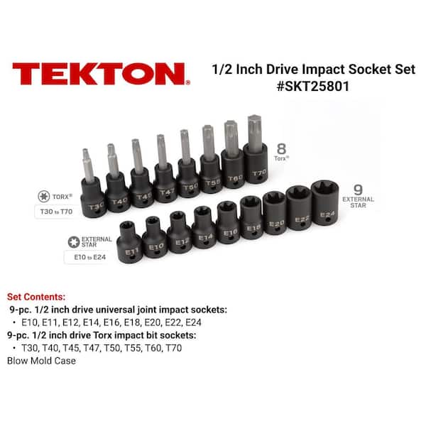 TEKTON 1/2 in. Drive Torx and External Star Impact Socket Set, 17