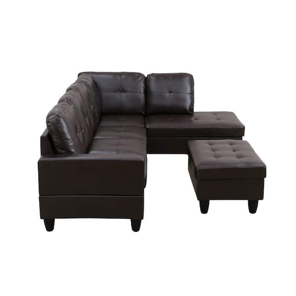 AndMakers 103.5 in. W Square Arm 3-piece L Shaped Faux Leather Sectional Sofa in Brown