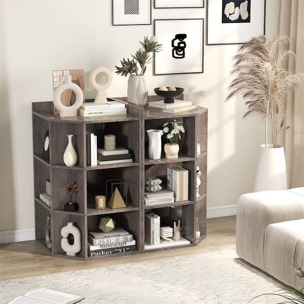 HONEY JOY Grey 34 in. Corner Cabinet w/9 Cubbies 2 USB Ports and 4 Outlets Fits Small Spaces
