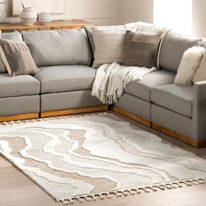Navi Abstract High-Low Swirls Tasseled Ivory 7 ft. 10 in. x 10 ft. Area Rug
