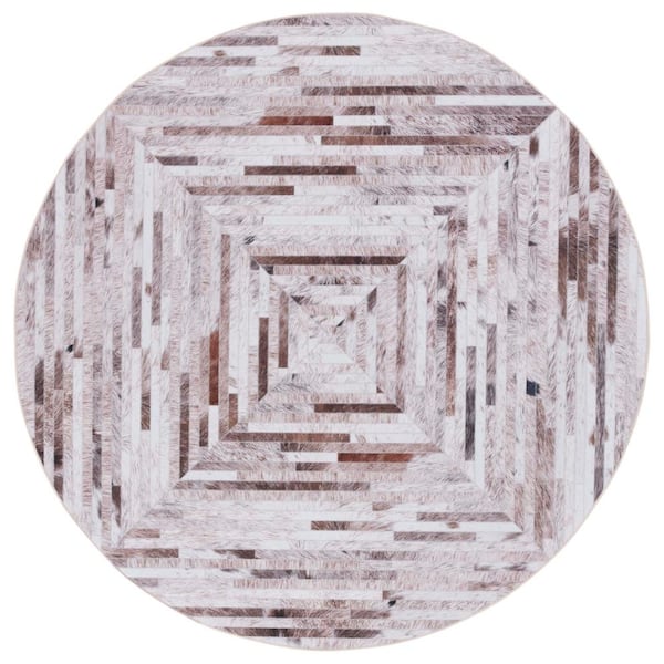 Faux Hide Beige/Brown 8 ft. x 8 ft. Machine Washable Diamond Geometric Round Area Rug