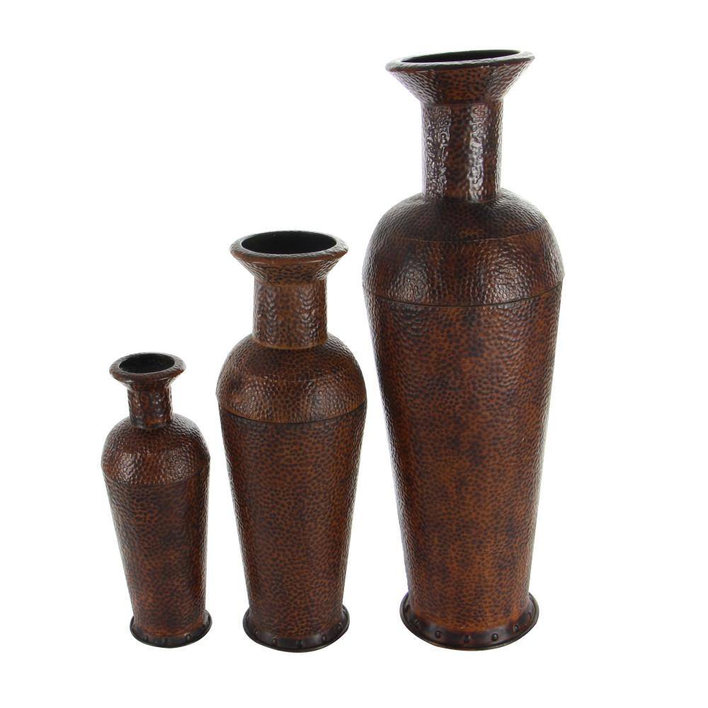 Tall Dark Brown Metal Floor Decorative Vase Set with Bubble Texture