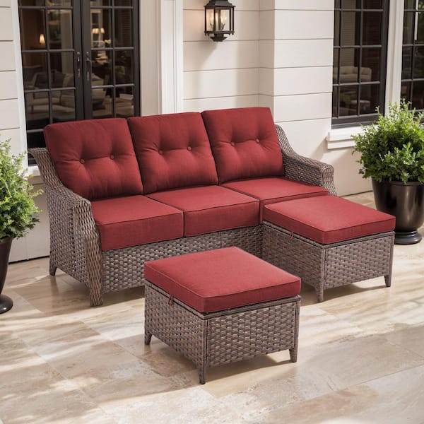 Artisan 3-Piece Brown Wicker Outdoor 3-Seat Couch with High Curved Back and 6 in. Thick Red Cushions and Ottomans