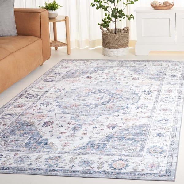 Arizona Light Blue/Ivory 9 ft. x 12 ft. Distressed Border Ornate Machine Washable Area Rug