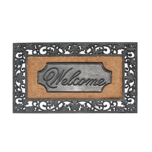 A1HC Welcome Floral Border Black 23 in x 38 in Rubber and Coir Dirt Trapper Large Doormat