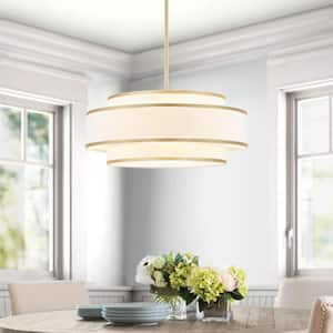 4-Light Gold Tiered Drum Shaded Chandelier with White Fabric Shade