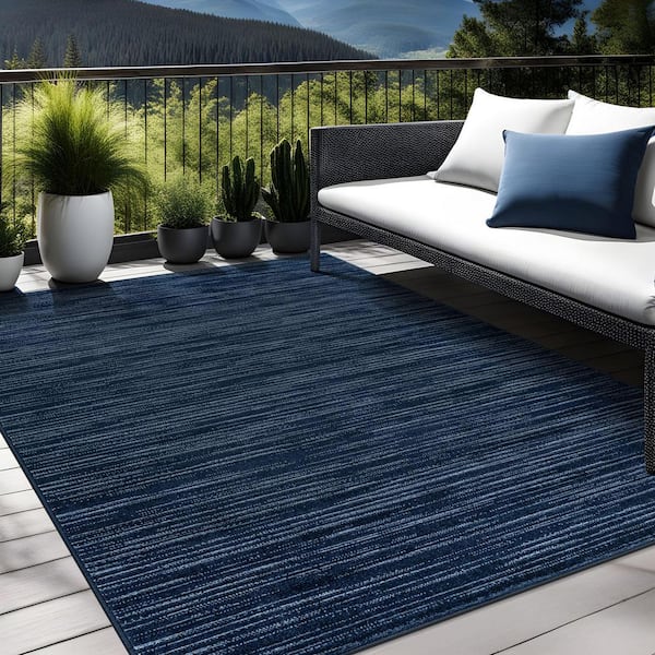 Linea Navy 6 ft. x 9 ft. Rubber Back Washable Modern Striped Indoor Outdoor Patio Area Rug