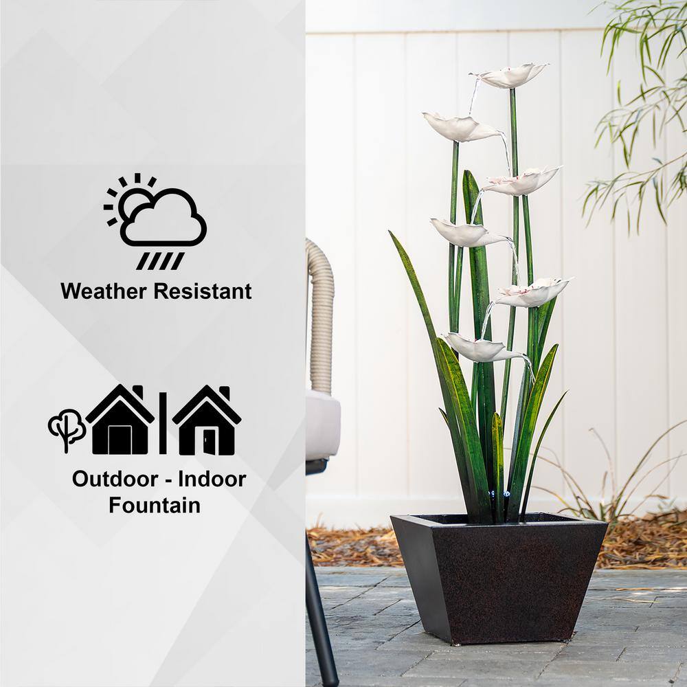Tall Black and White Metal Multi-Tiered Flower Water Fountain with LED Lights