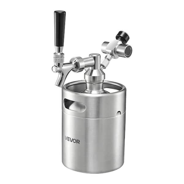 64 oz. Mini Keg Pressurized Growler Tap System 304 Stainless Steel Beer Kit Co2 Regulator, Self-Closing Faucet Silver