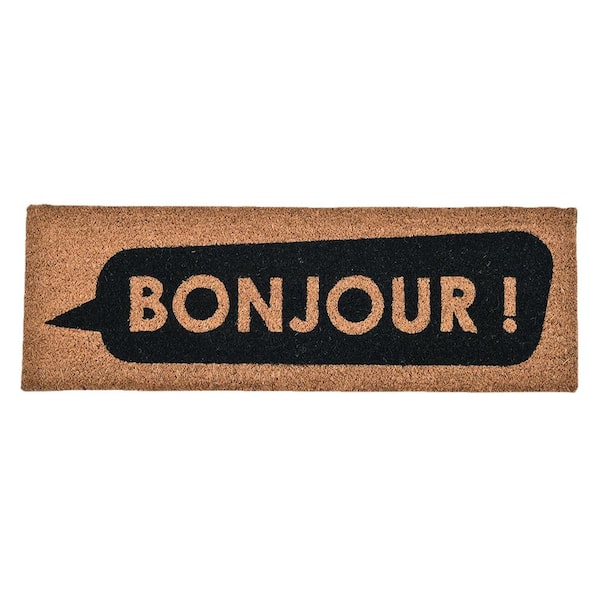 EVIDECO French home goods Brown and Black Bonjour Sheltered 30 in. x 10 in. Front Long Door Mat Coir Coco Fibers