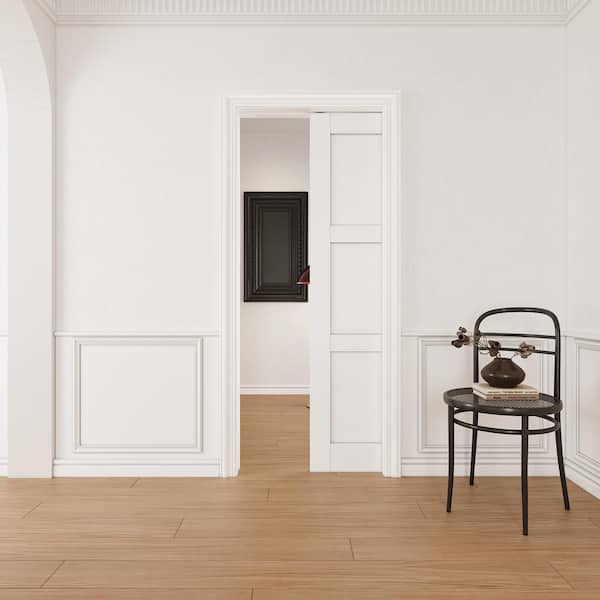 30 in. x 80 in. White Primed 3-Lite MDF Door with Solid Core Wood Pocket Door Frame with Hardware and Soft Close
