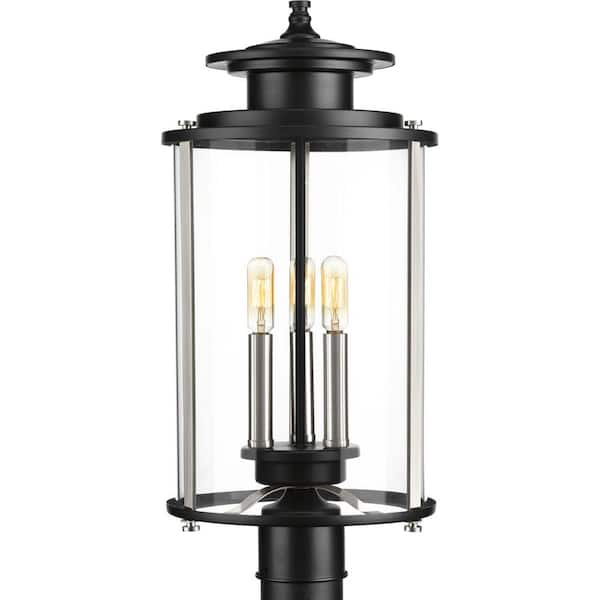 Progress Lighting Squire Collection 3-Light Matte Black Clear Glass New Traditional Outdoor Post Lantern Light