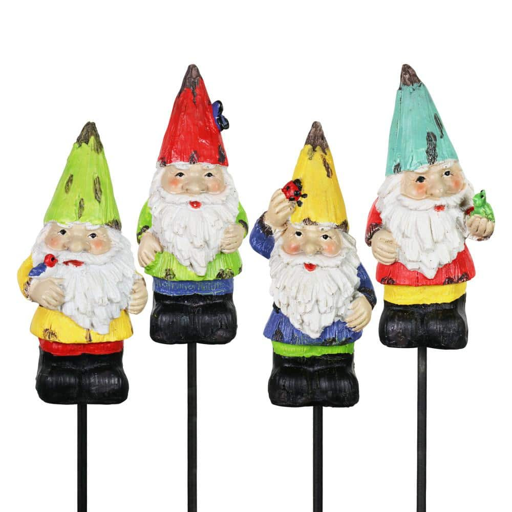 Exhart Gnome Flower Pot 0.75 ft. Multi-Color Resin Garden Stakes (4 ...