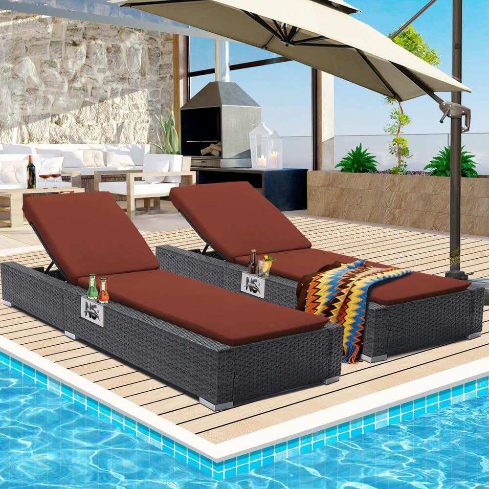 2-Piece Patio Furniture Adjustable Reclining Wicker Outdoor Chaise Lounge with Red Cushion for Backyard, Deck, Poolside price history on PriceWatchPro