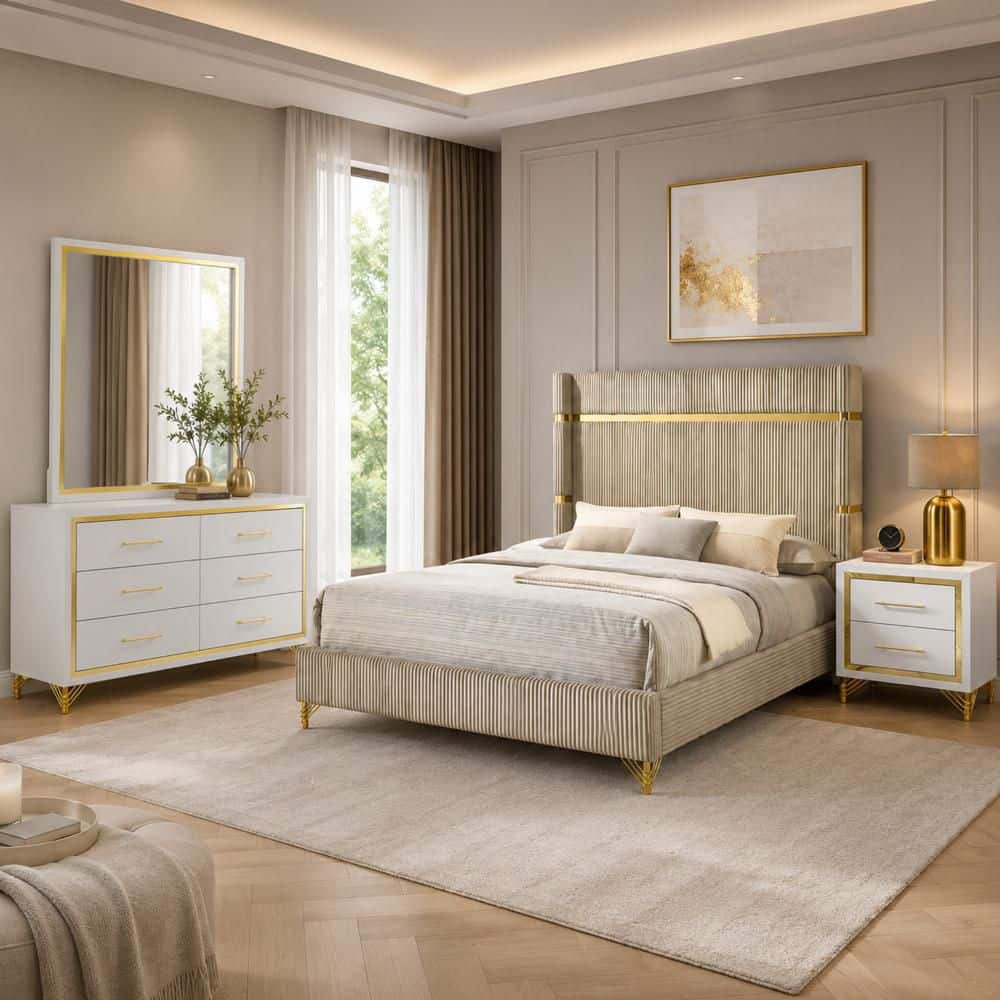 Benjara Jenny 4-Piece White Wood Queen Size Bedroom Set BM336683