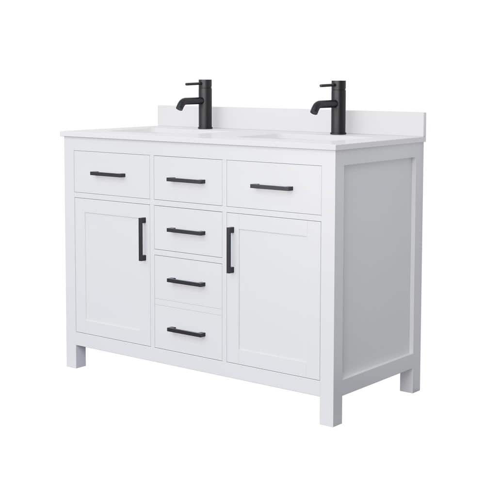 White Cultured Marble Freestanding Double Bathroom Vanity with Matte Black Hardware