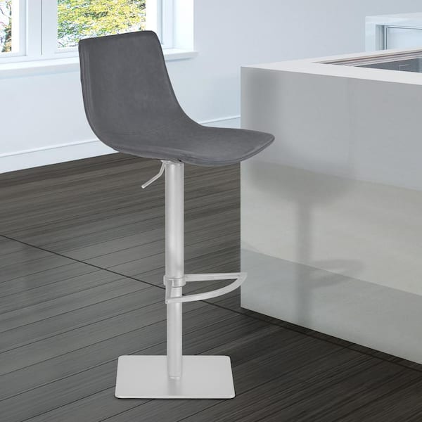 Armen Living Attica 21-31 in. Vintage Gray Faux Leather and Brushed Stainless Steel Finish Adjustable Swivel Bar Stool