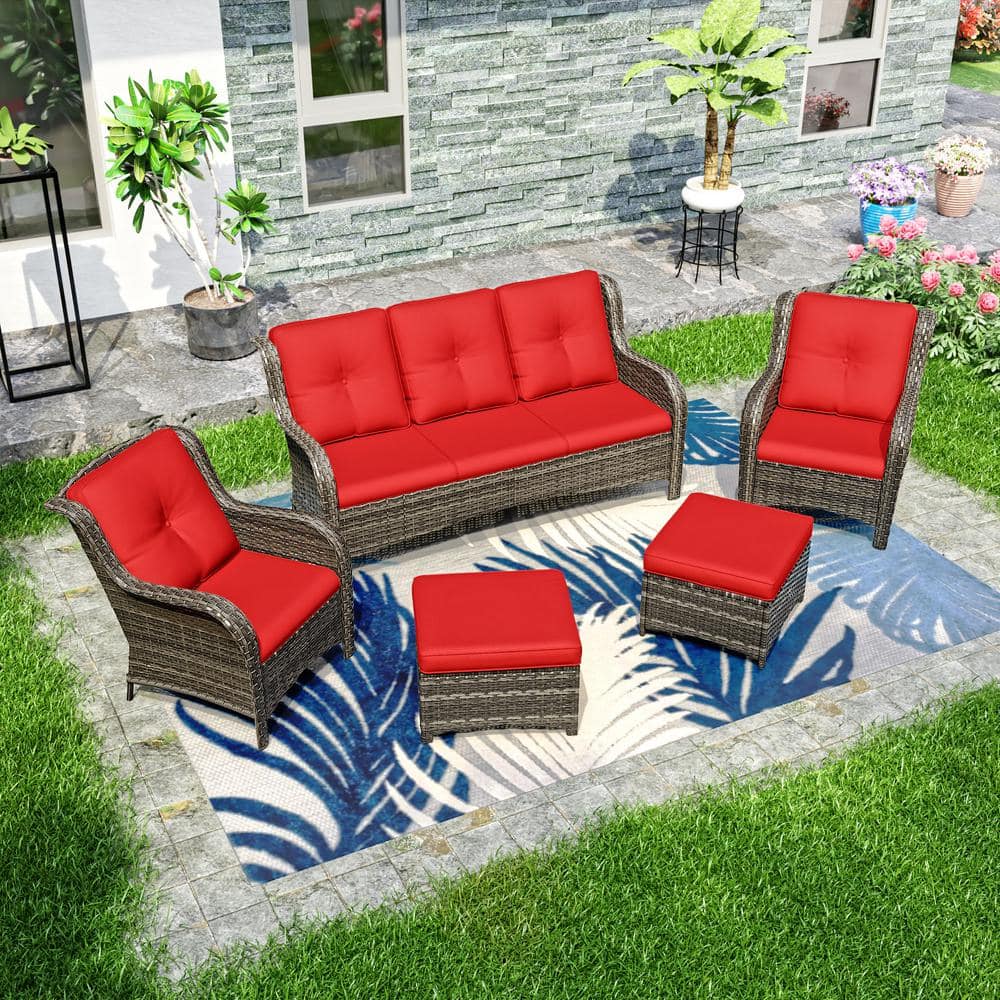 5-Piece Wicker Outdoor Patio Seating Set Sectional Sofa with Red Cushions price history on PriceWatchPro
