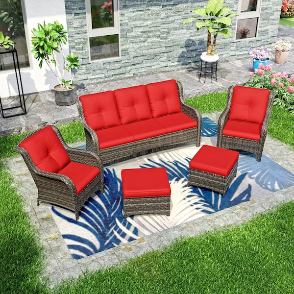 JOYSIDE 5-Piece Wicker Outdoor Patio Seating Set Sectional Sofa with Red Cushions